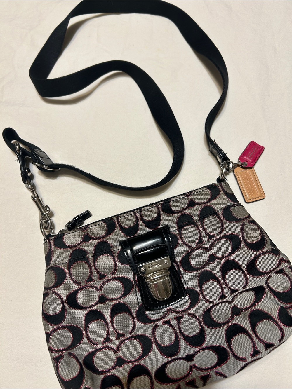 Coach Black and Pink Signature Crossbody with Tan Tag